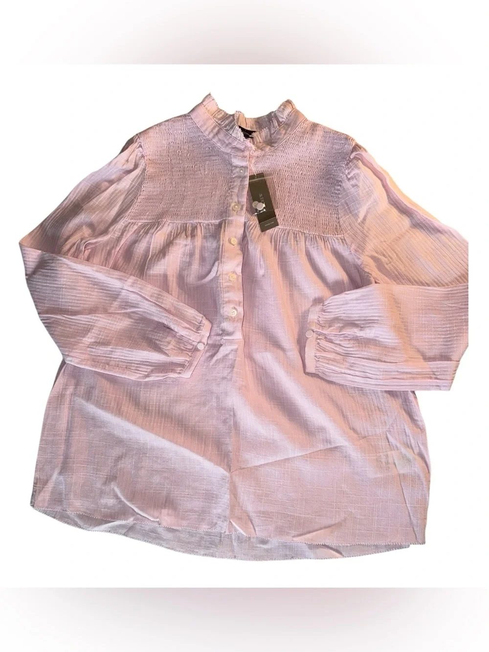 J.Crew NWT Pink Smocked Ruffle Neck Cotton Blouse XS Long Sleeve Boho Top